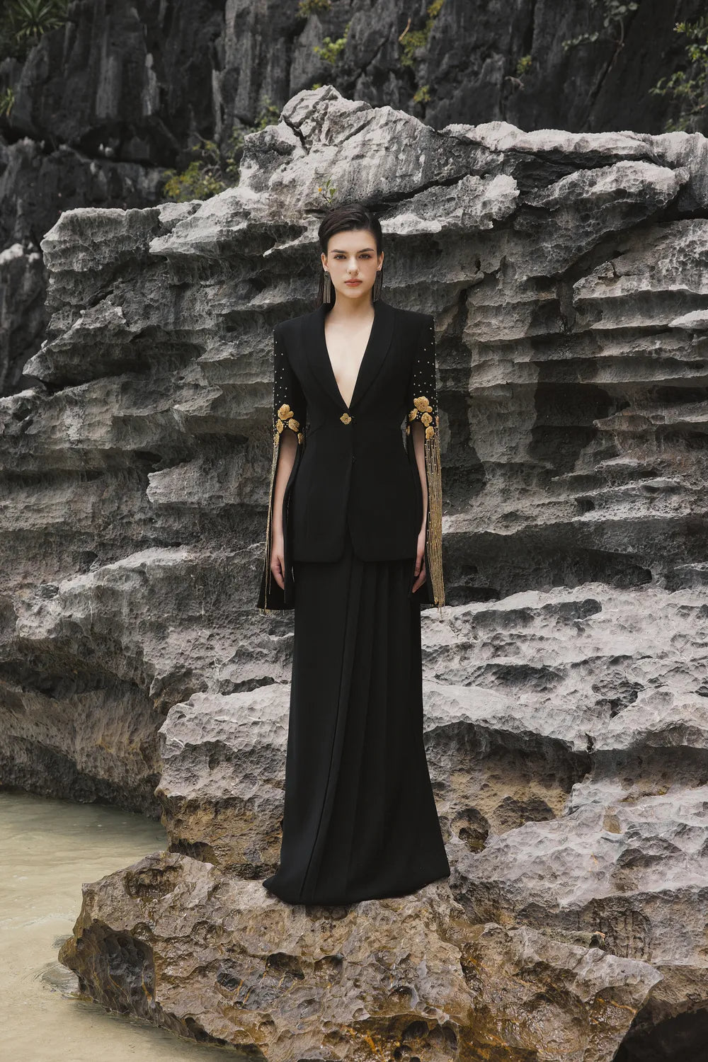 Shawl Lapel Flared Sleeves Blazer With Side Pleated Straight Skirt Set