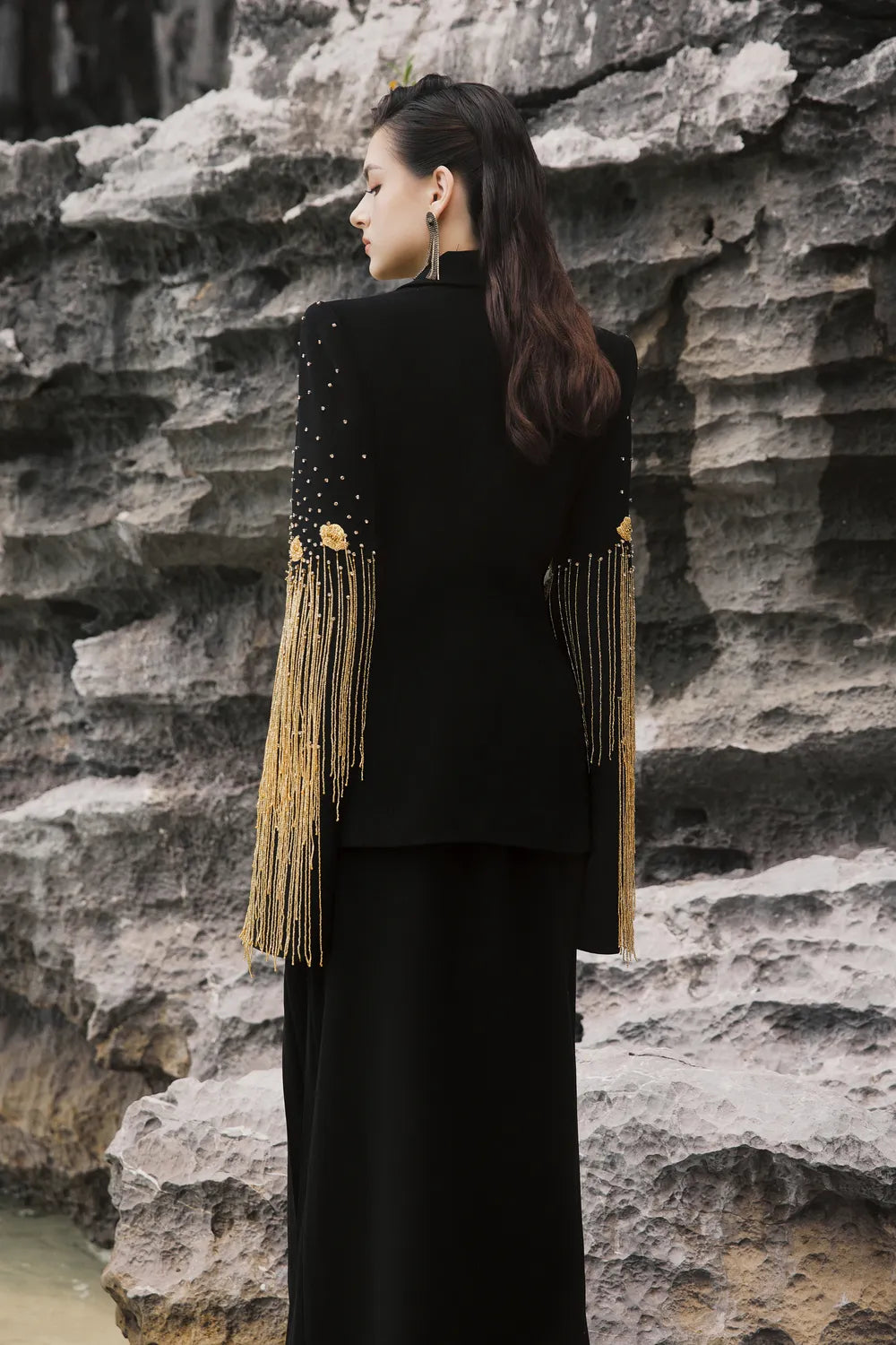 Shawl Lapel Flared Sleeves Blazer With Side Pleated Straight Skirt Set