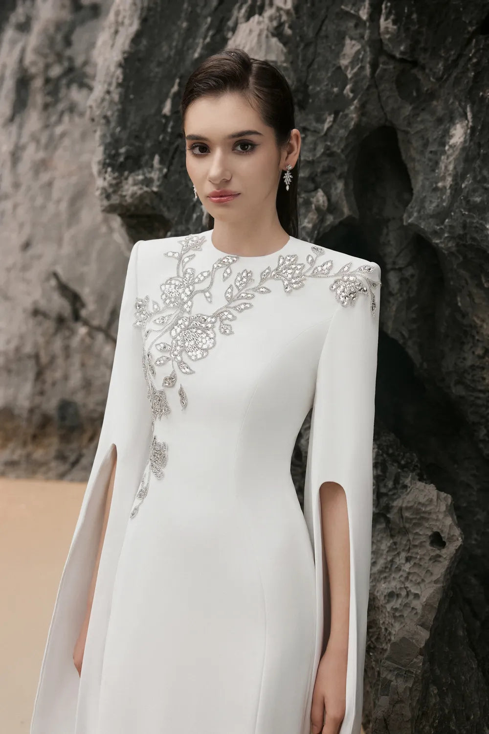 Long Cape Sleeves With Crystal Embellished Dress