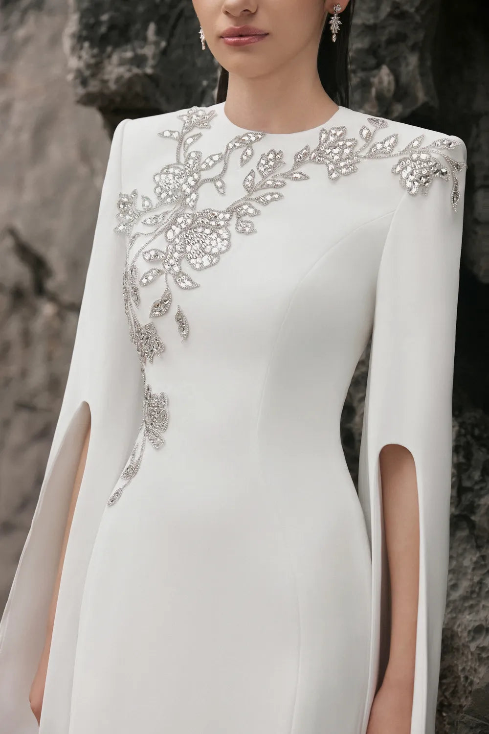 Long Cape Sleeves With Crystal Embellished Dress LUNE DE SOIE Long Cape Sleeves With Crystal Embellished Dress LUNE DE SOIE