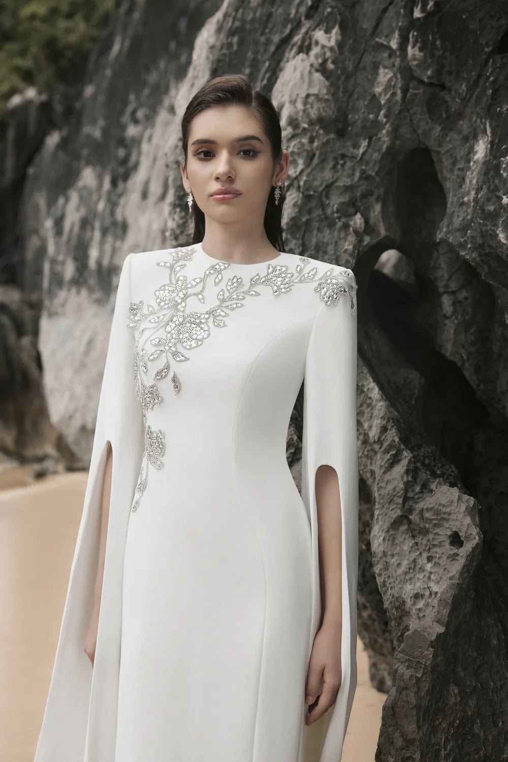 Long Cape Sleeves With Crystal Embellished Dress