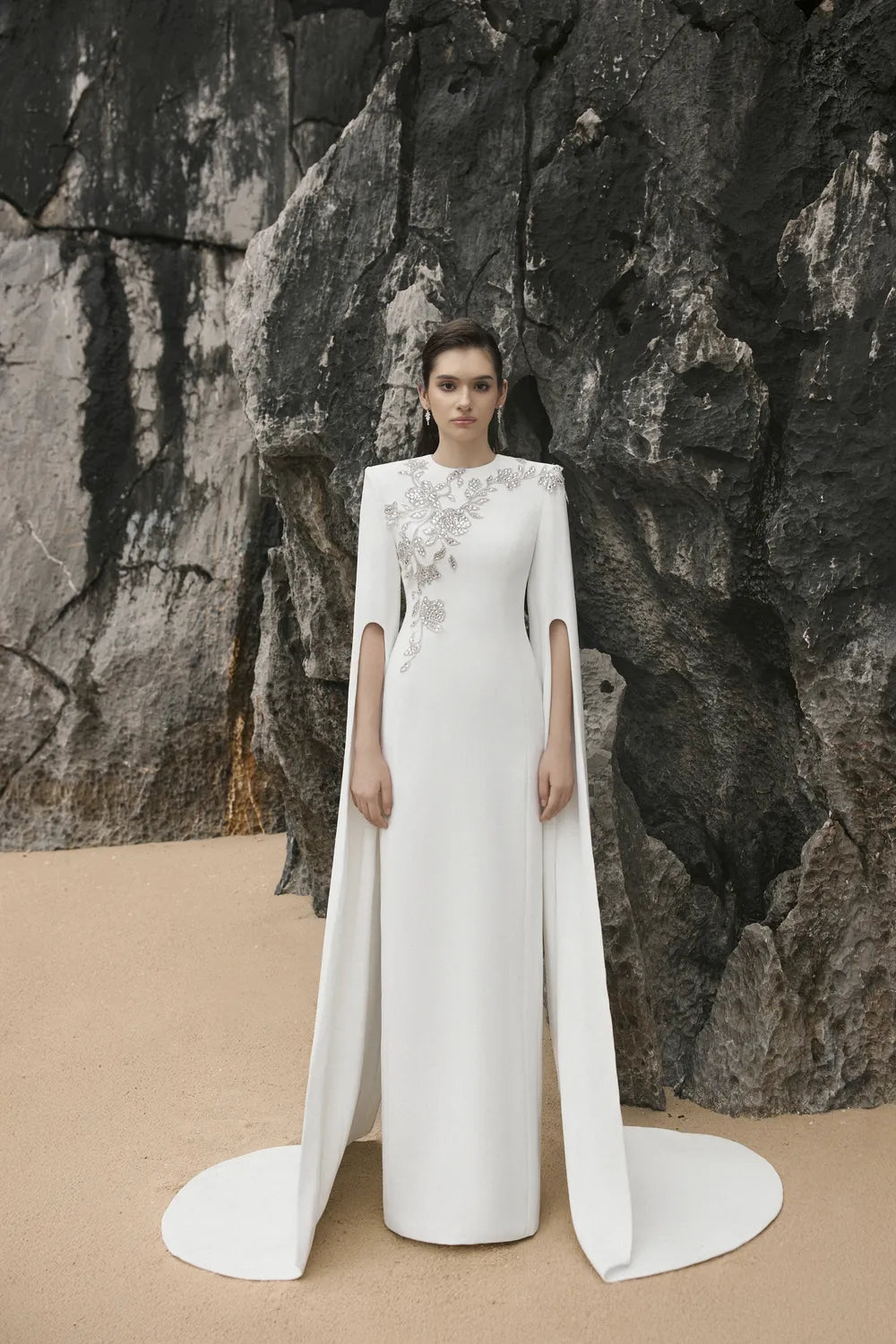 Long Cape Sleeves With Crystal Embellished Dress LUNE DE SOIE Long Cape Sleeves With Crystal Embellished Dress LUNE DE SOIE