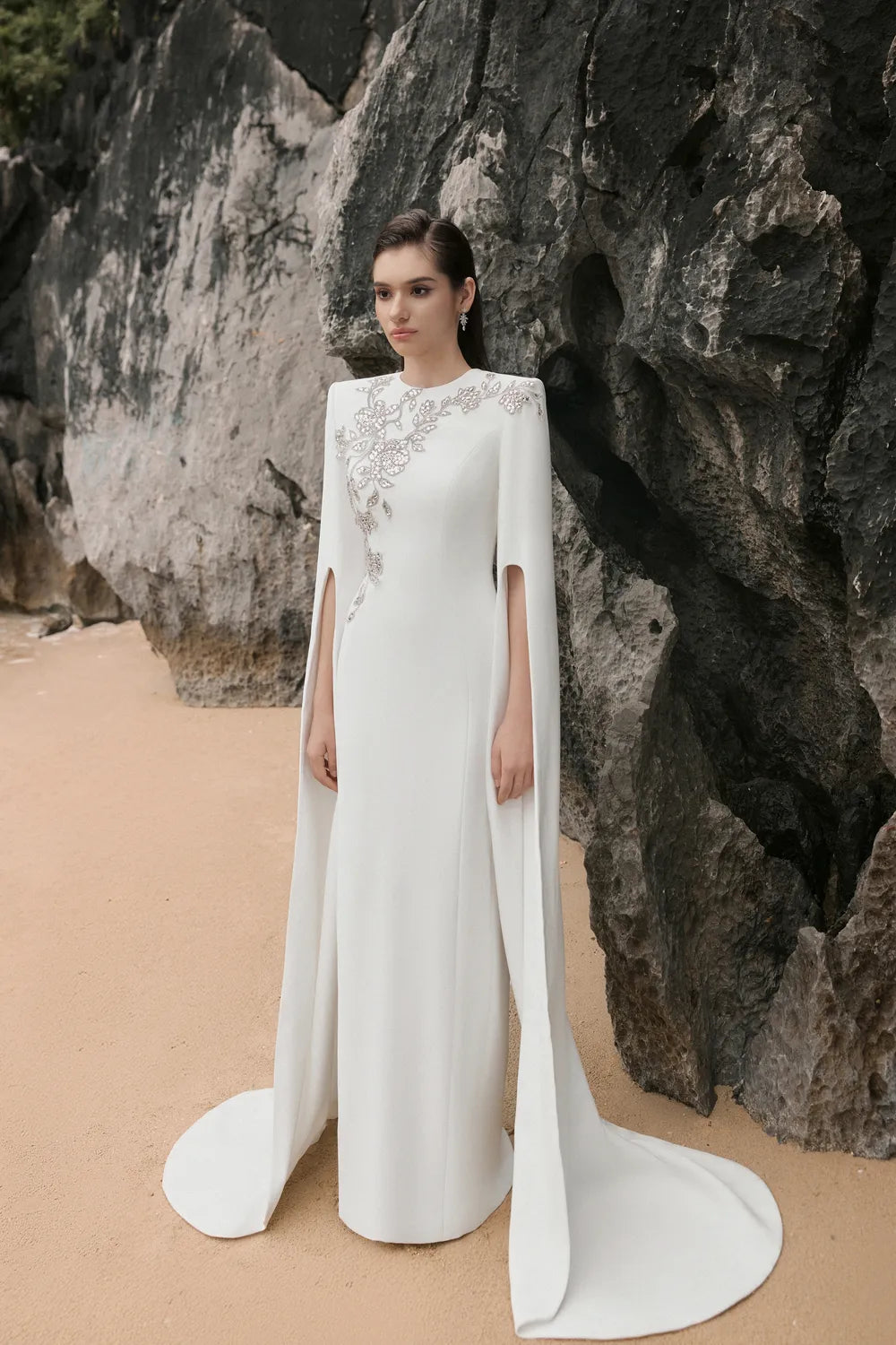 Long Cape Sleeves With Crystal Embellished Dress