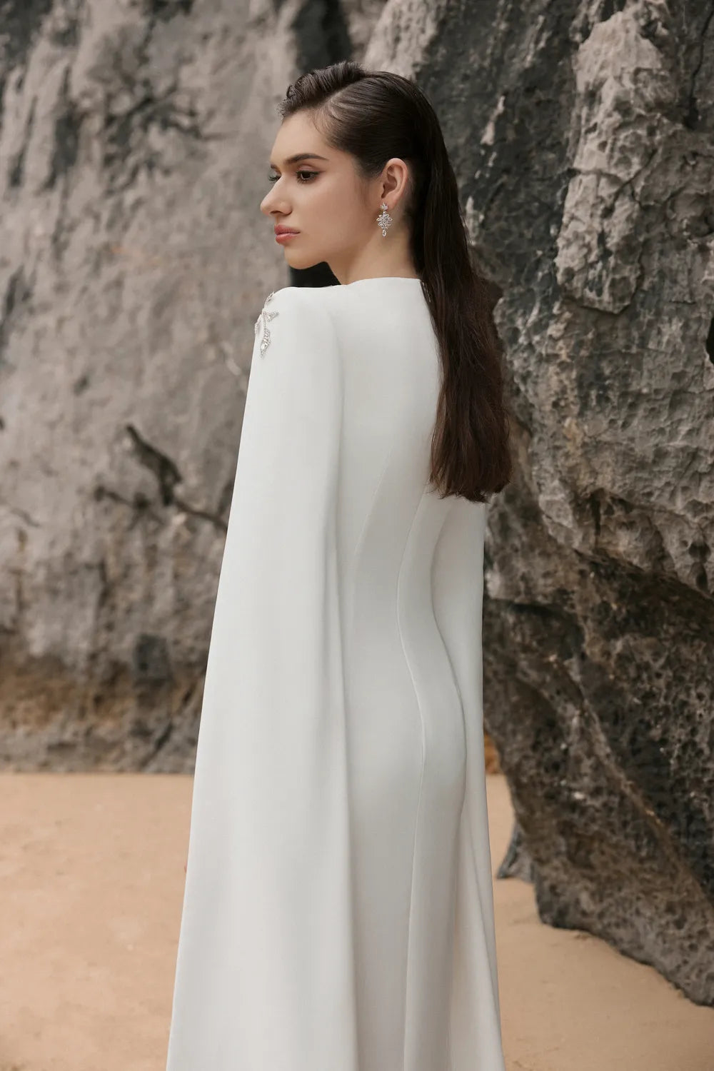 Long Cape Sleeves With Crystal Embellished Dress