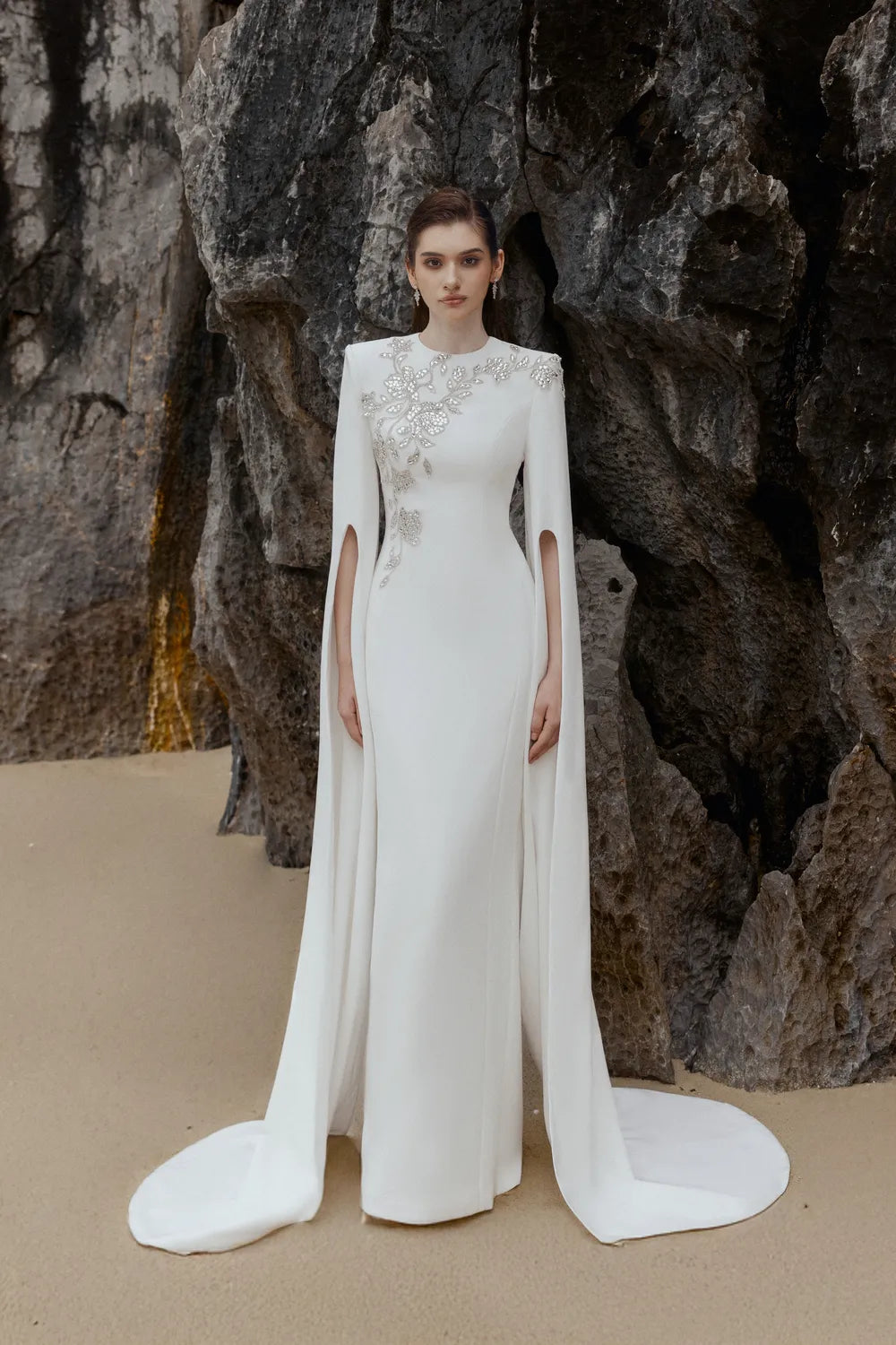 Long Cape Sleeves With Crystal Embellished Dress