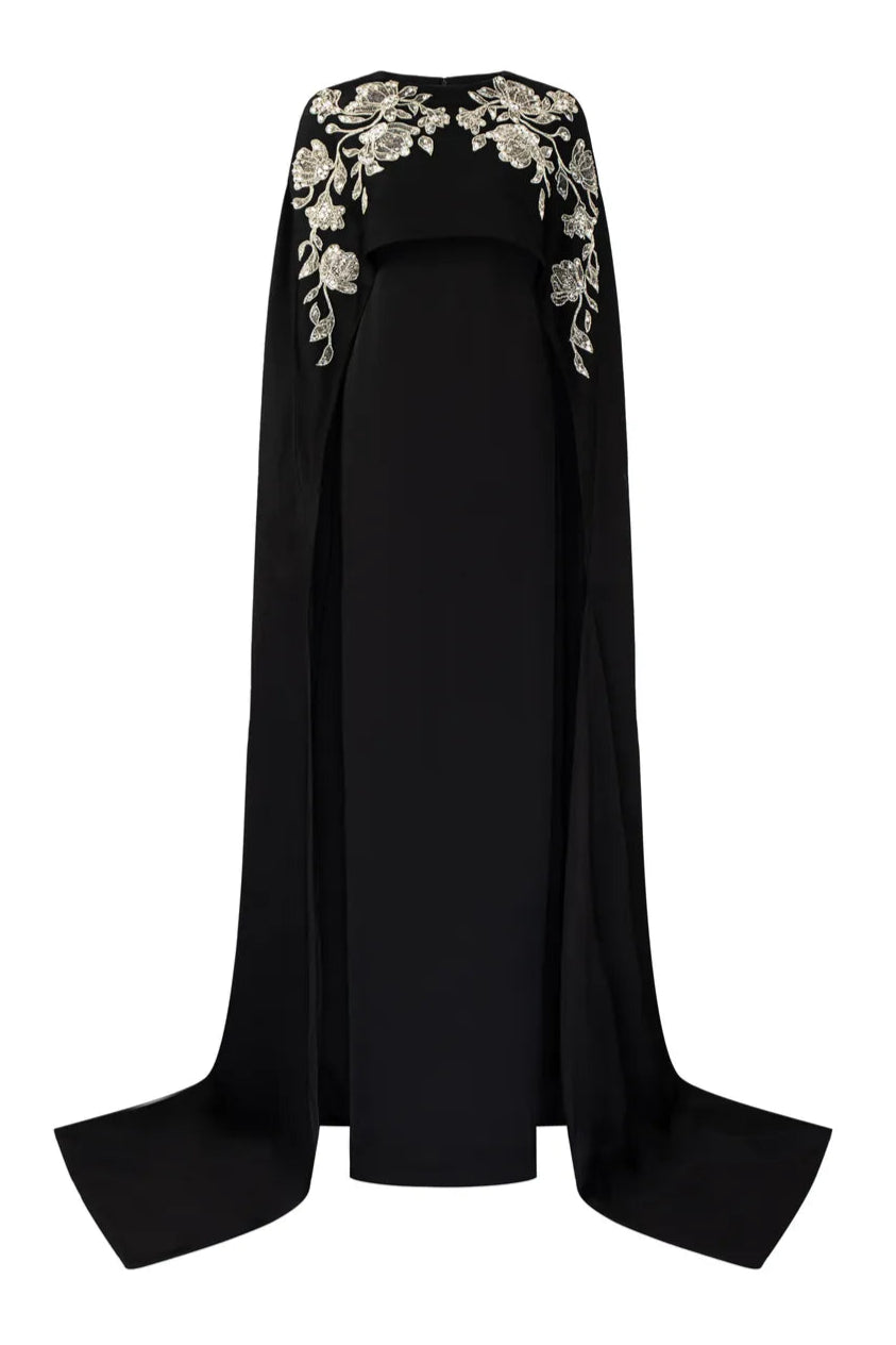 Long Cape Sleeves Floral Embellished Dress