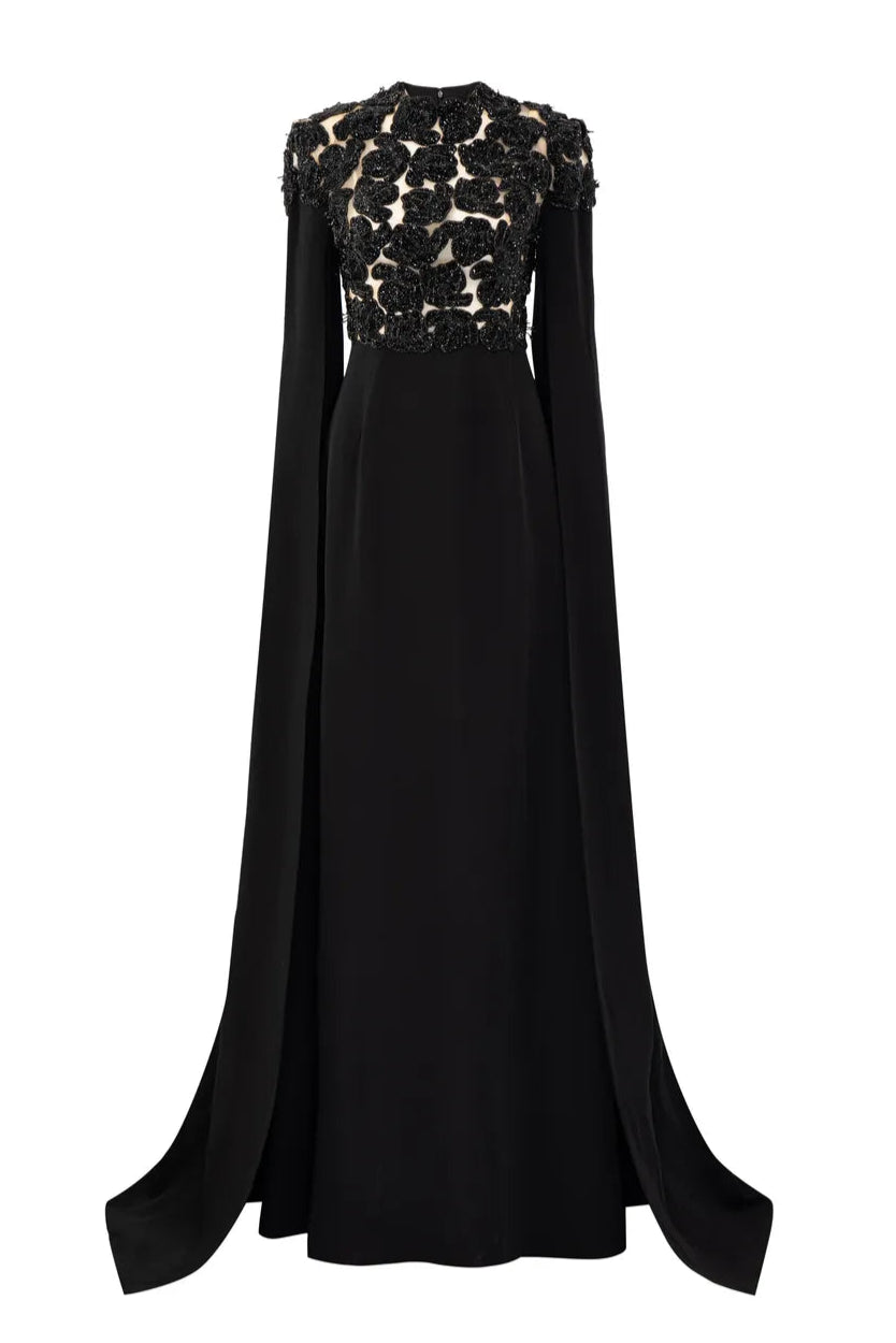 High Neck Cape Sleeves Floral Dress