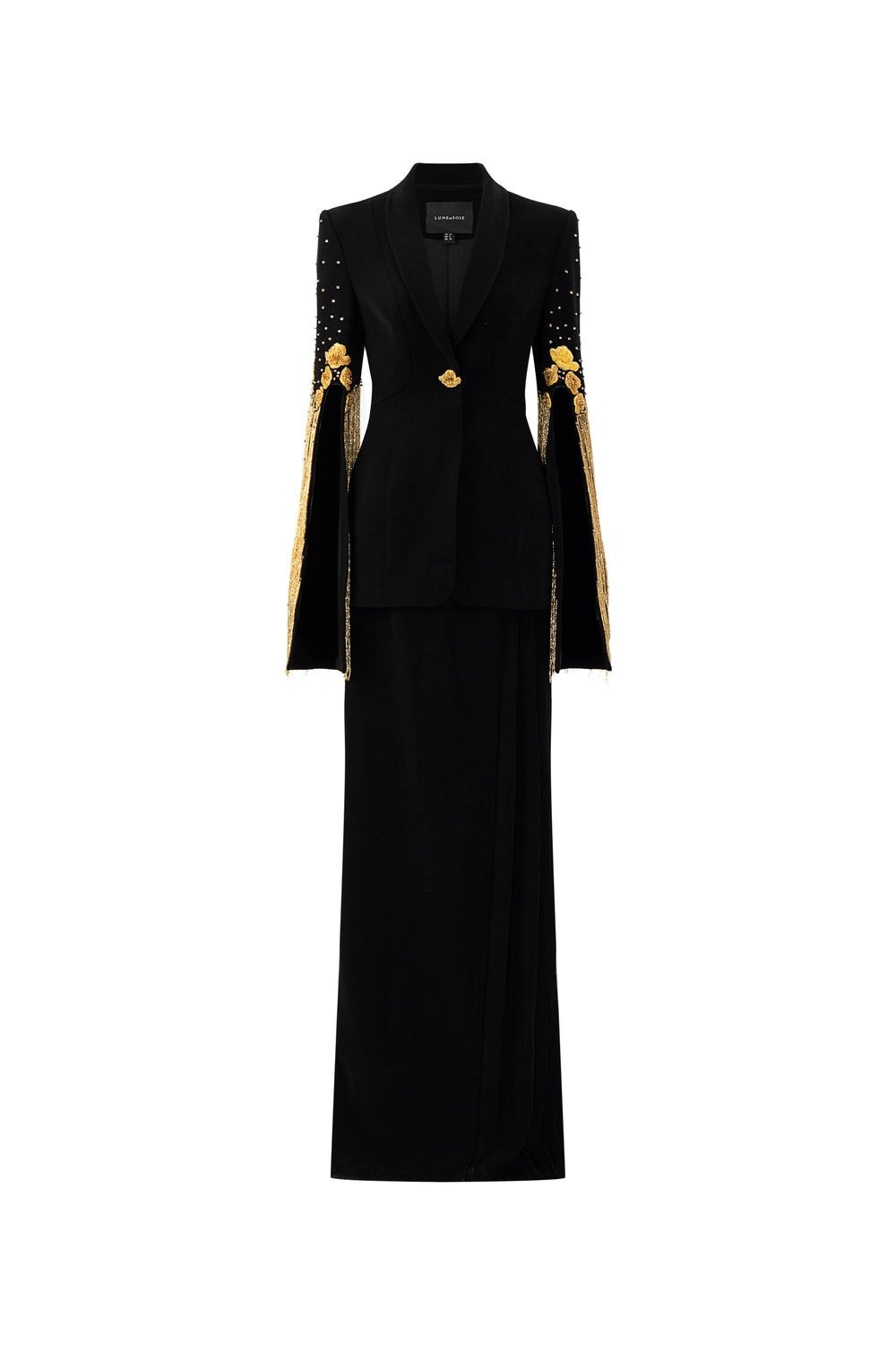 Shawl Lapel Flared Sleeves Blazer With Side Pleated Straight Skirt Set