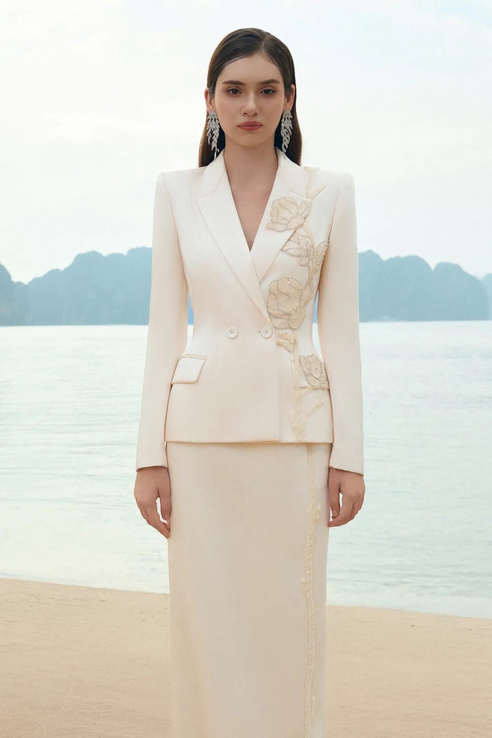 Peak Lapel Pegged Blazer With Straight Skirt Set