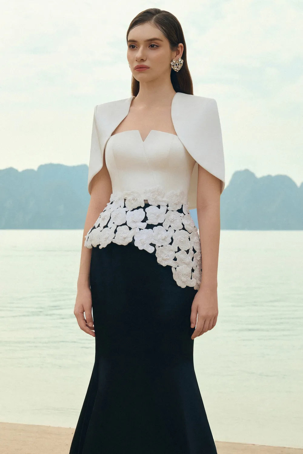 Diagonal Floral Cuff Top With Fitted Hip Mermaid Skirt Set