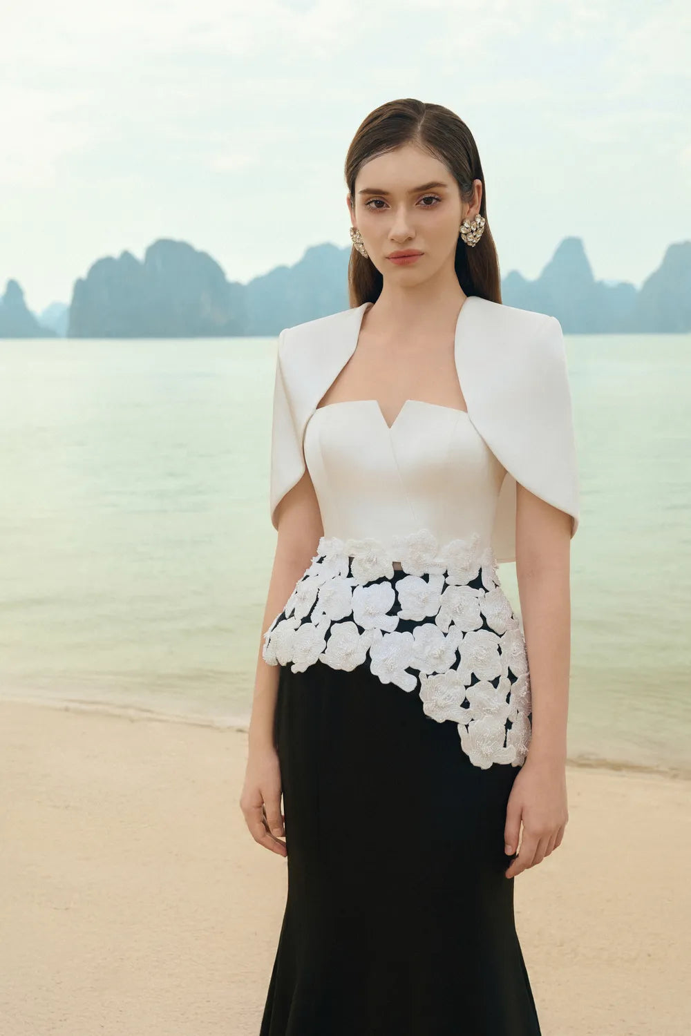 Diagonal Floral Cuff Top With Fitted Hip Mermaid Skirt Set