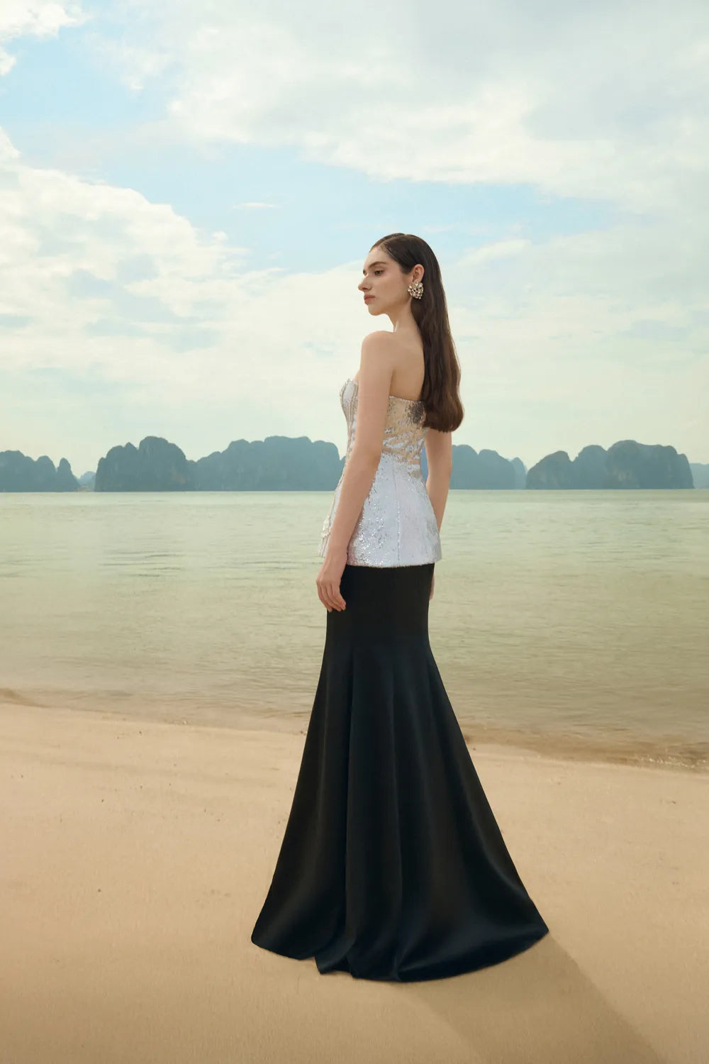 Strapless Sparkle Wavy Cuff Top With Basic Shining A-line Skirt Set