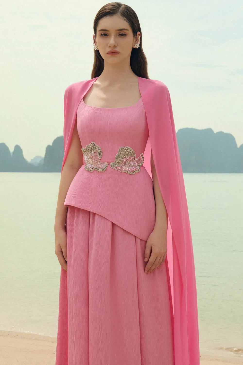 Flowing Back Flap With Draped Skirt Dress