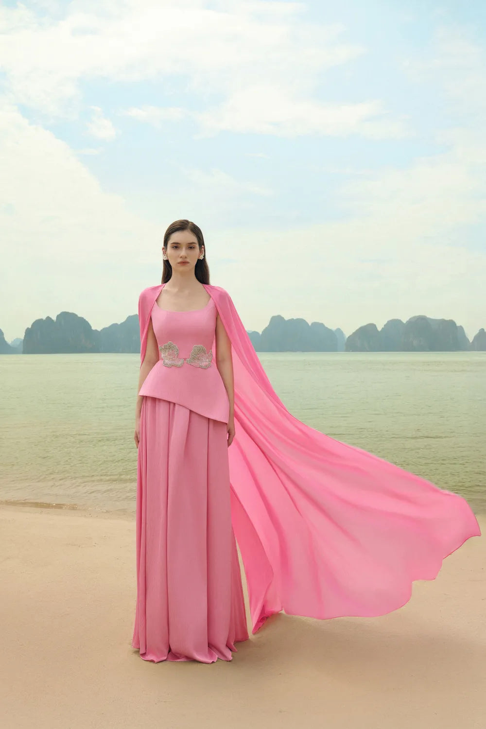 Flowing Back Flap With Draped Skirt Dress