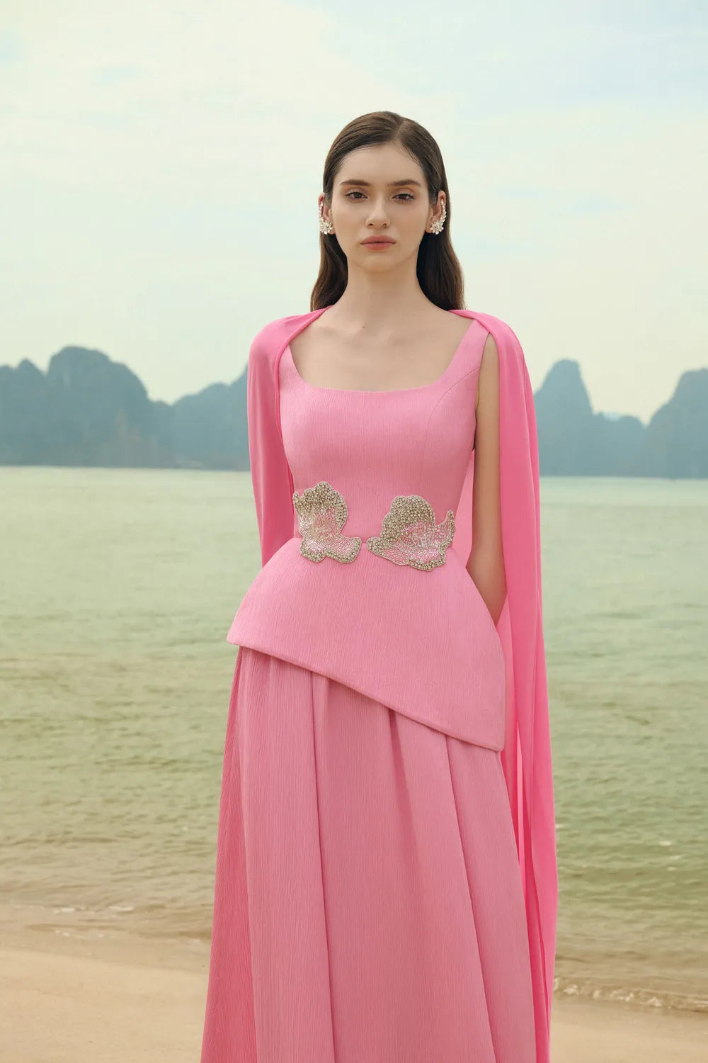 Flowing Back Flap With Draped Skirt Dress