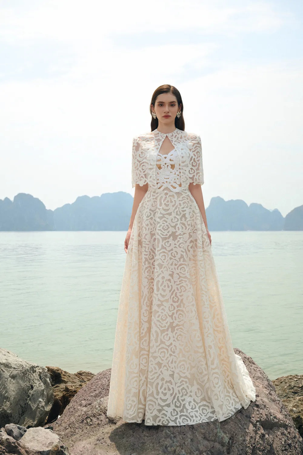 Floral Pattern Lace Cape With Floral A-line Dress Set