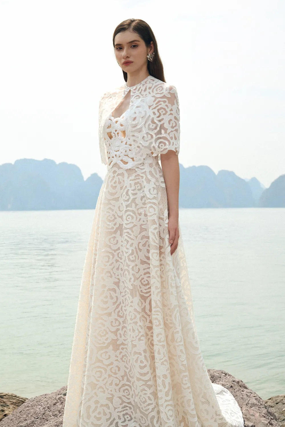 Floral Pattern Lace Cape With Floral A-line Dress Set