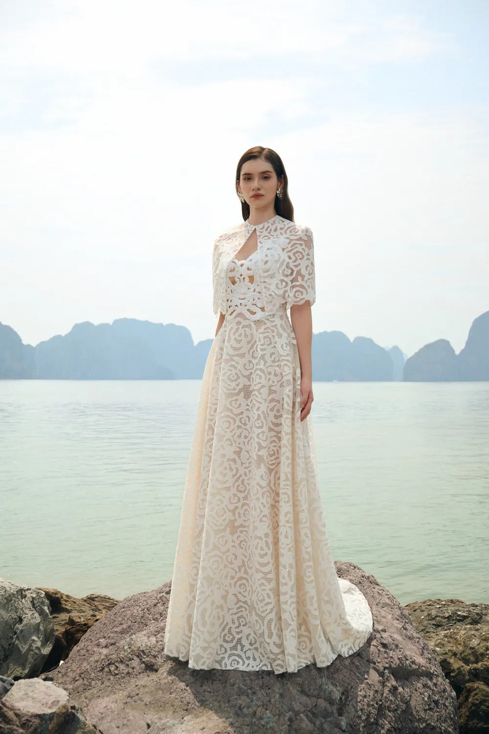 Floral Pattern Lace Cape With Floral A-line Dress Set