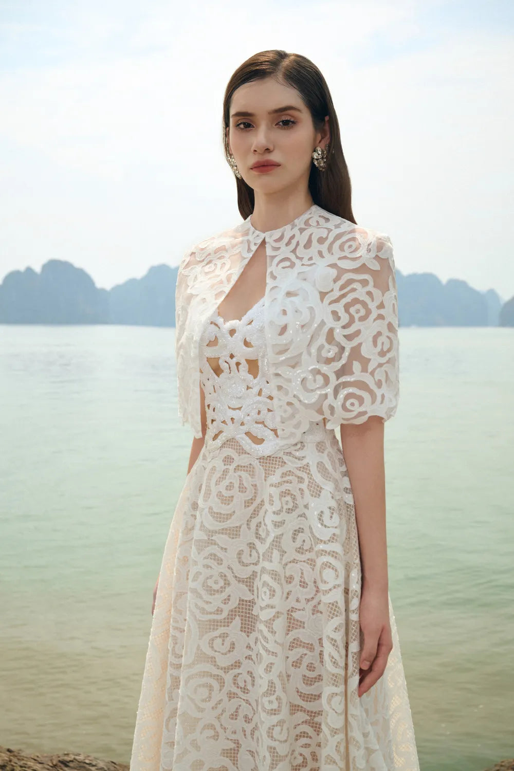 Floral Pattern Lace Cape With Floral A-line Dress Set