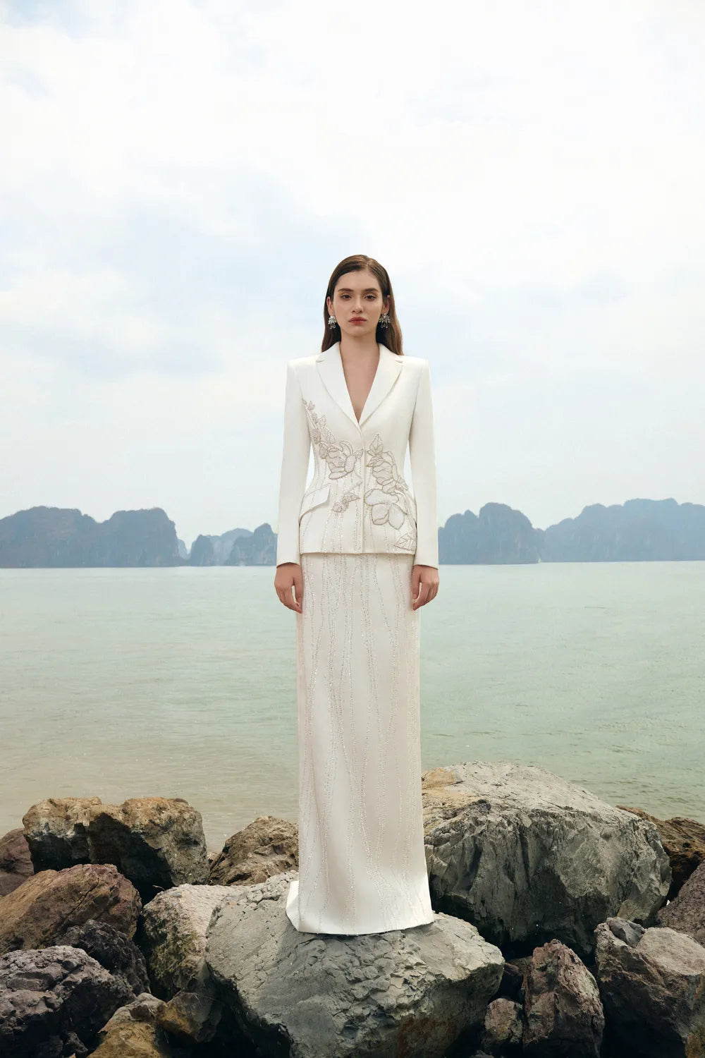 Floral Embellished Blazer With Crystal Line Embellished Straight Dress Set