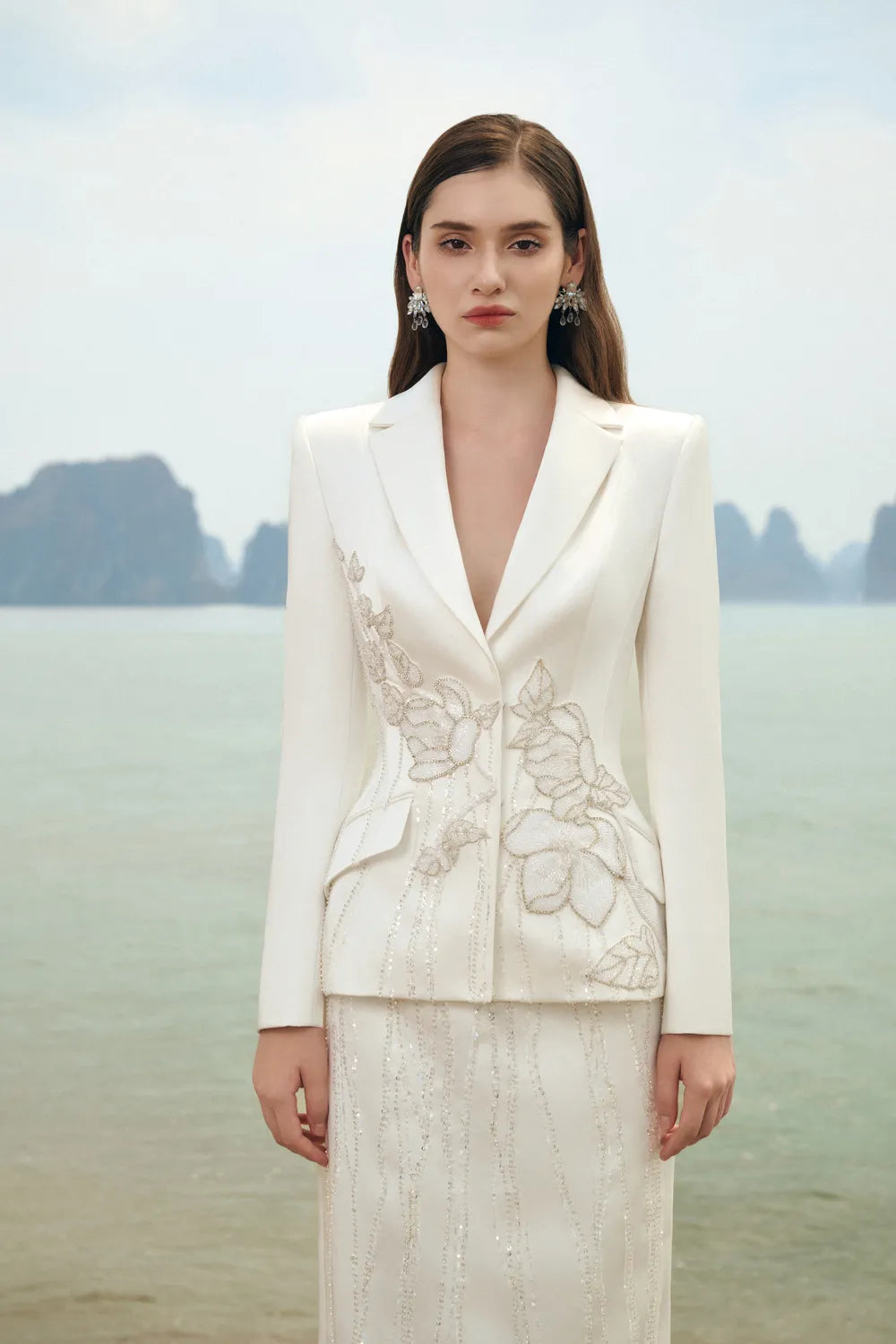 Floral Embellished Blazer With Crystal Line Embellished Straight Dress Set