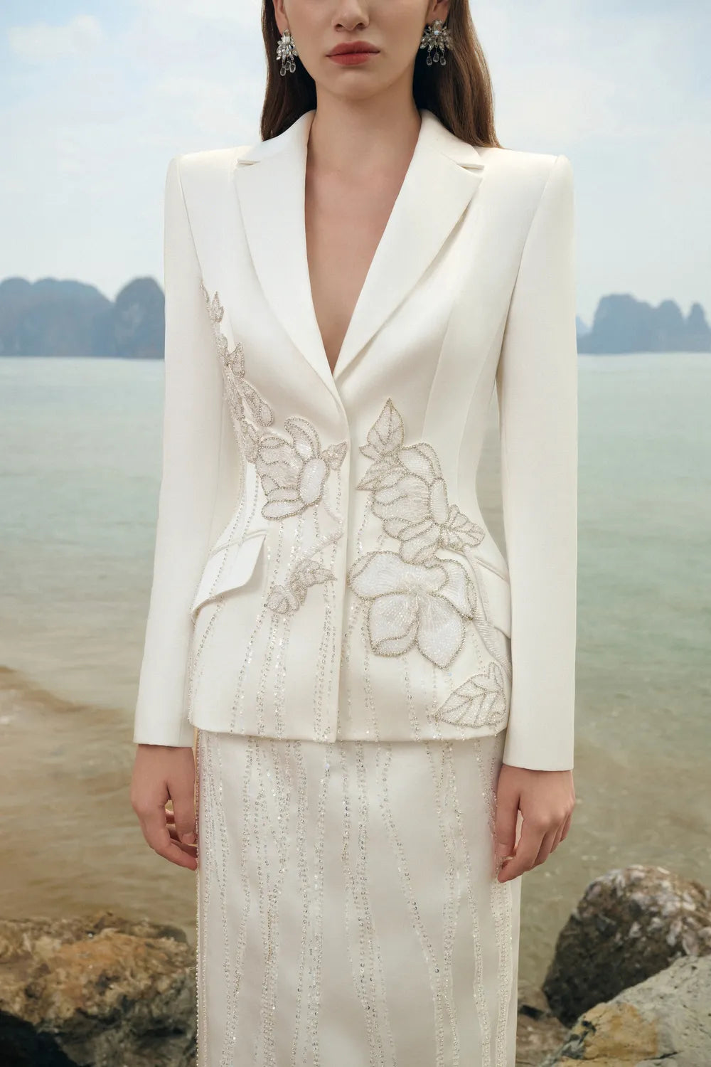 Floral Embellished Blazer With Crystal Line Embellished Straight Dress Set