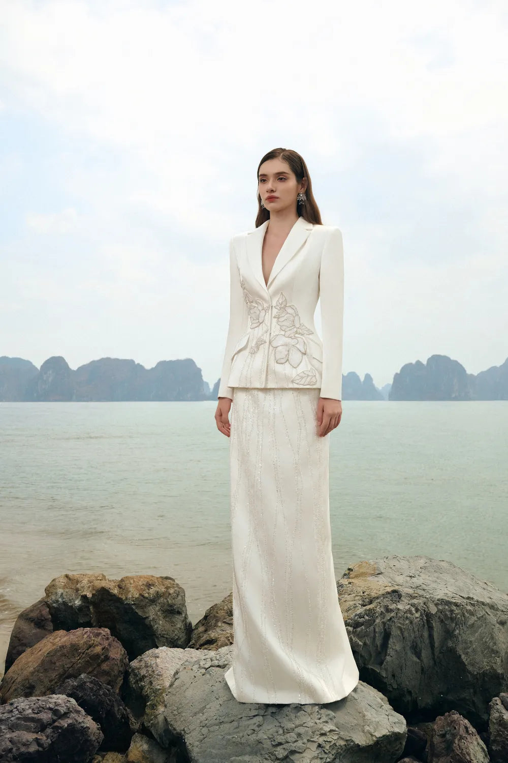 Floral Embellished Blazer With Crystal Line Embellished Straight Dress Set