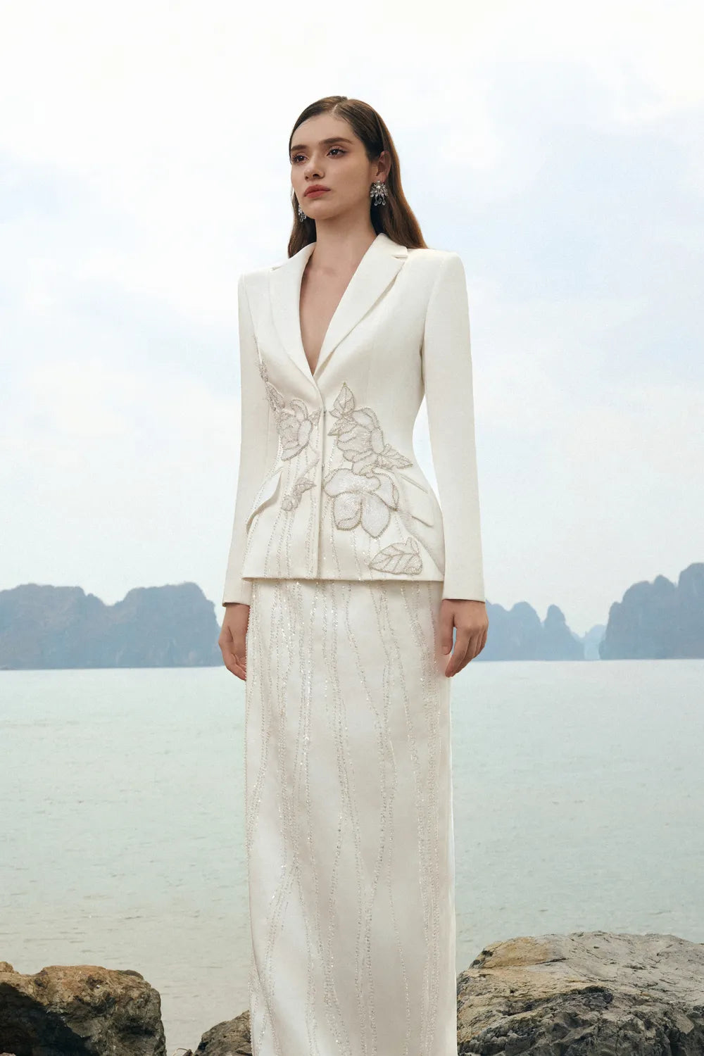 Floral Embellished Blazer With Crystal Line Embellished Straight Dress Set