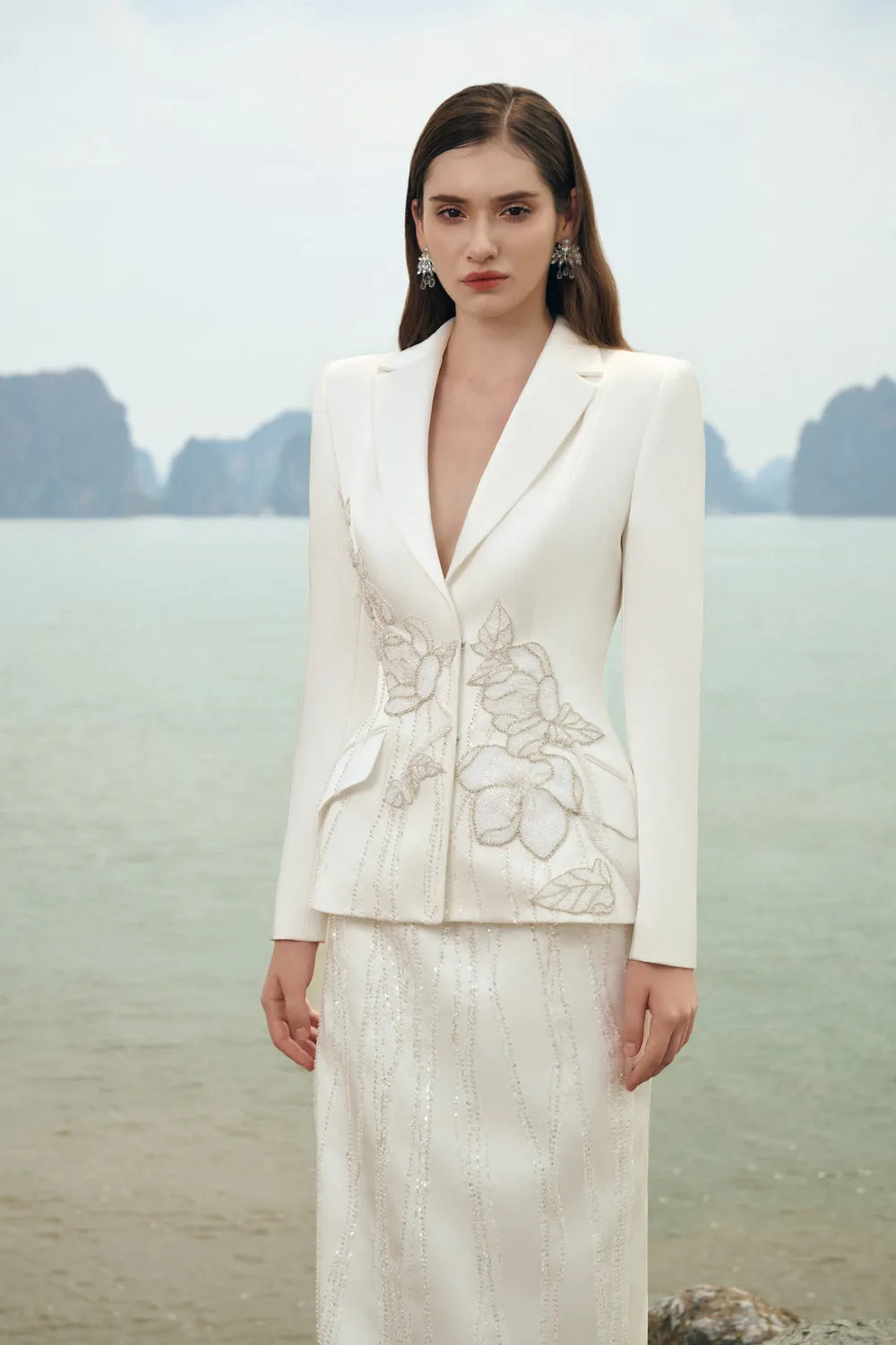 Floral Embellished Blazer With Crystal Line Embellished Straight Dress Set