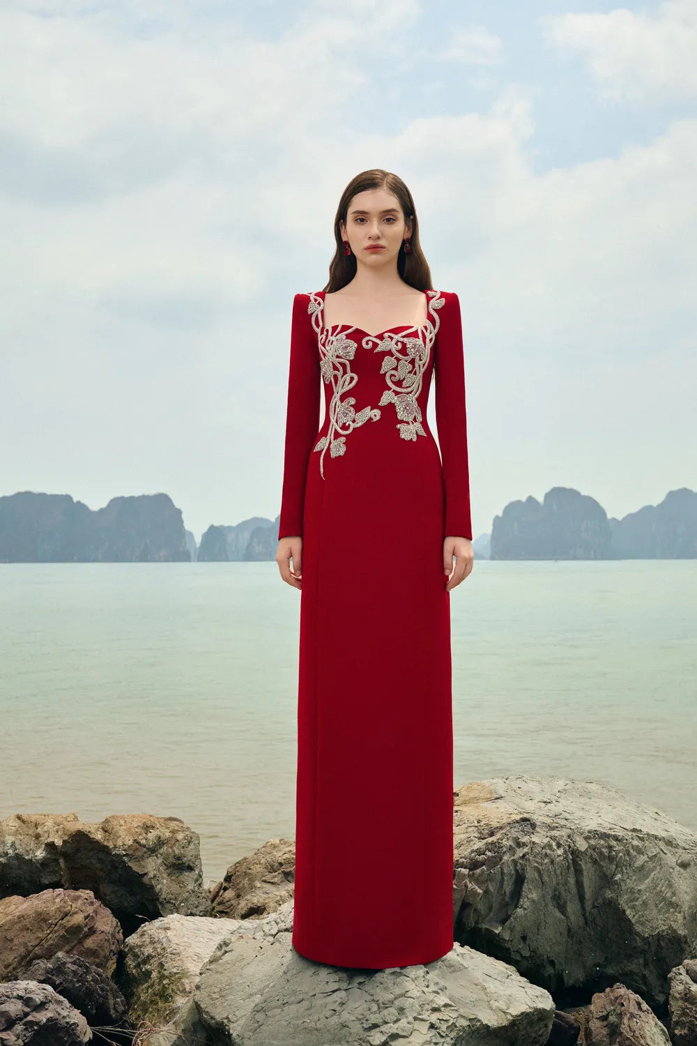 Square Neck Crystal Embellished Straight Dress