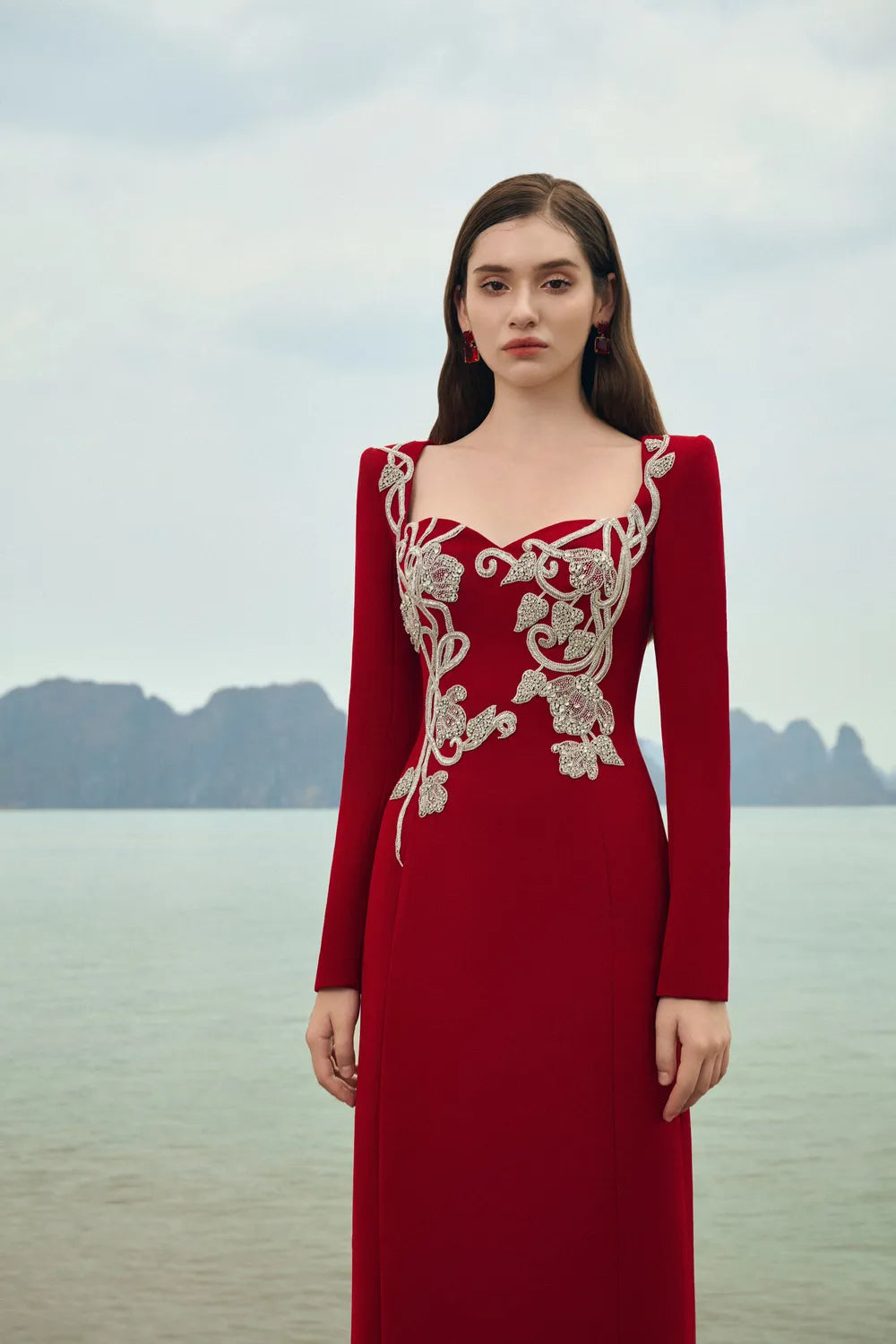 Square Neck Crystal Embellished Straight Dress