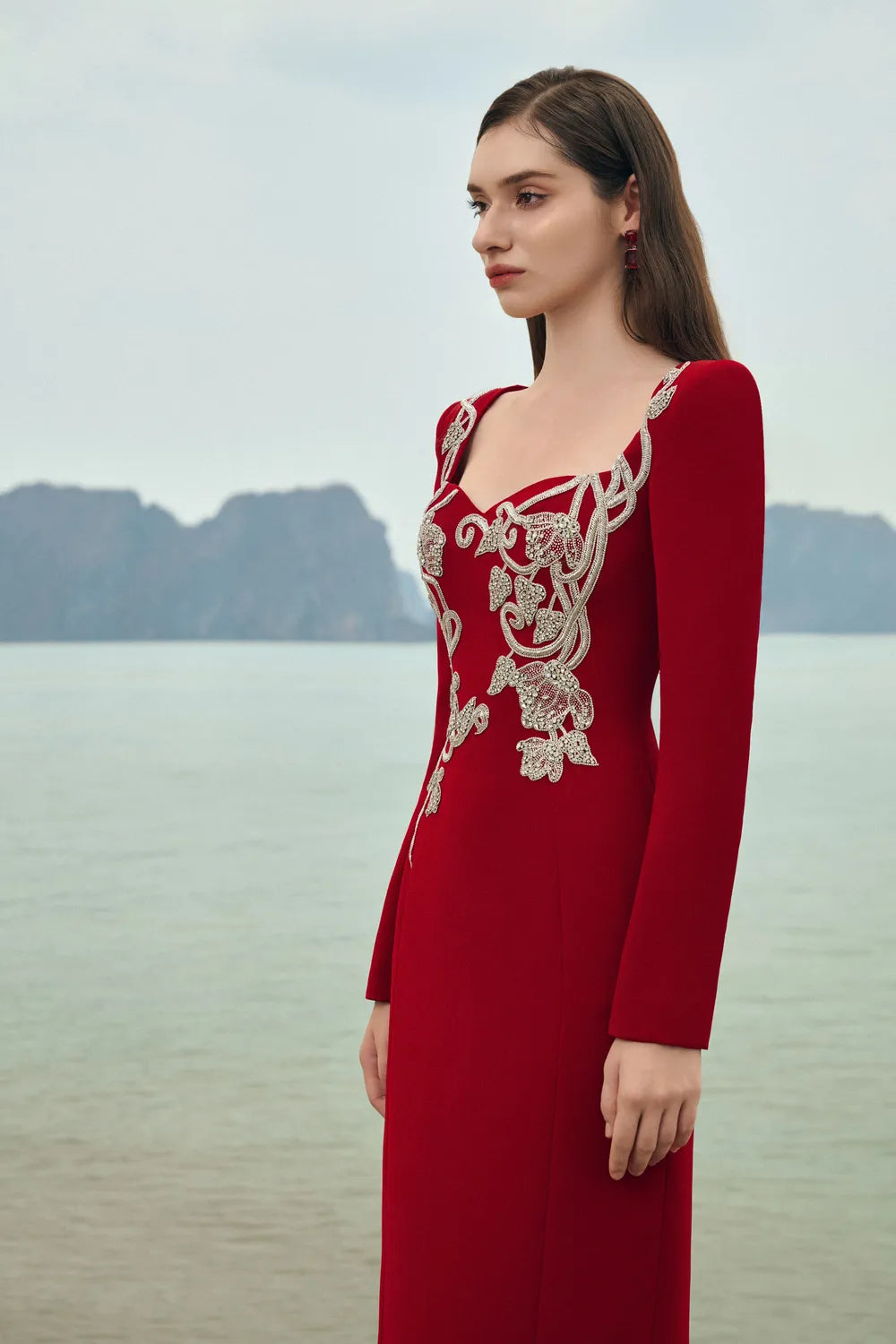 Square Neck Crystal Embellished Straight Dress