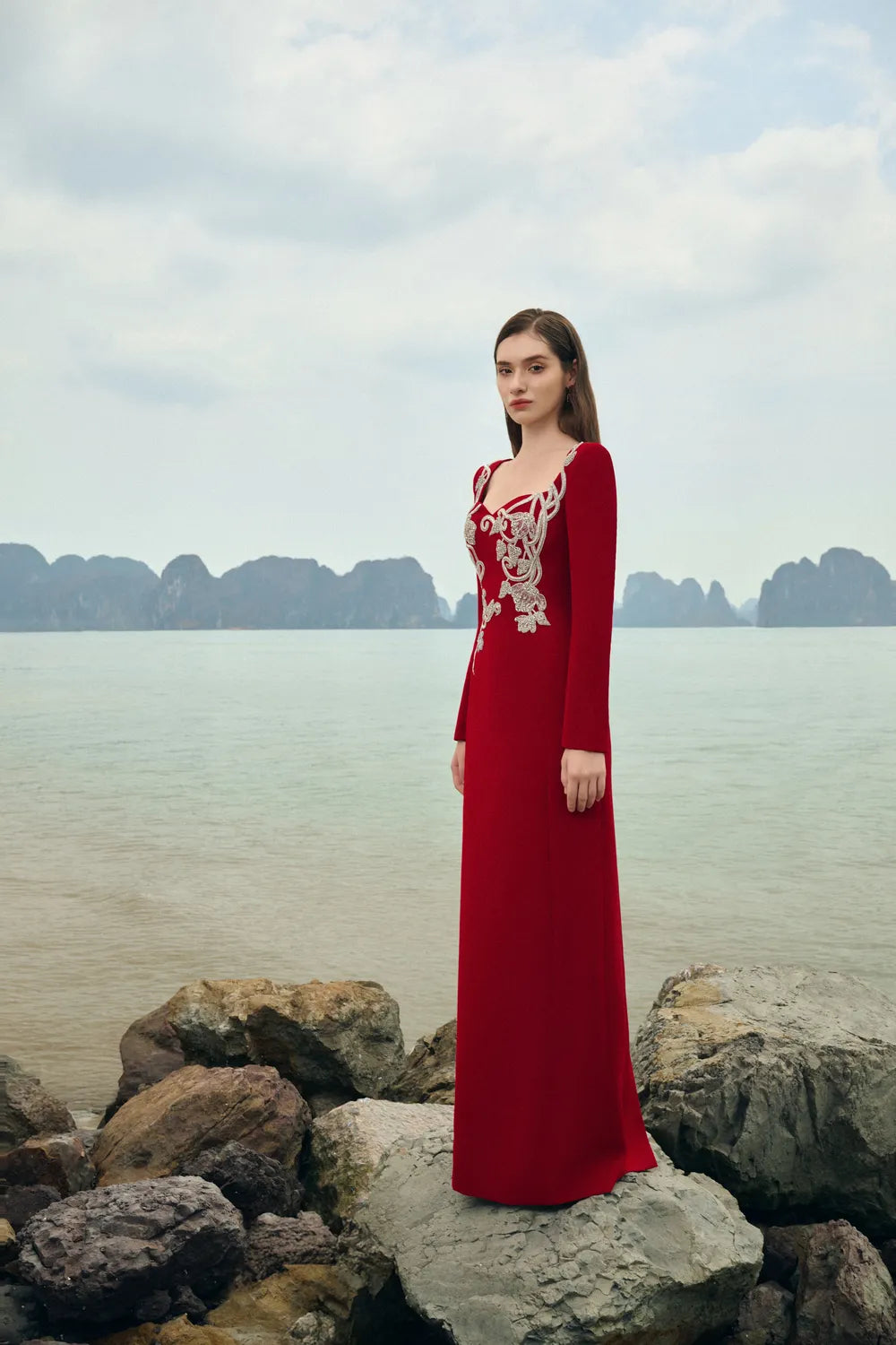 Square Neck Crystal Embellished Straight Dress