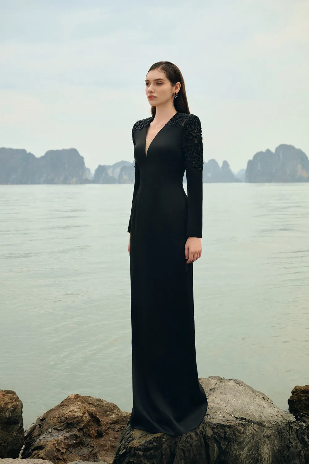 Stylized Bead-Embellished V-Neck Dress