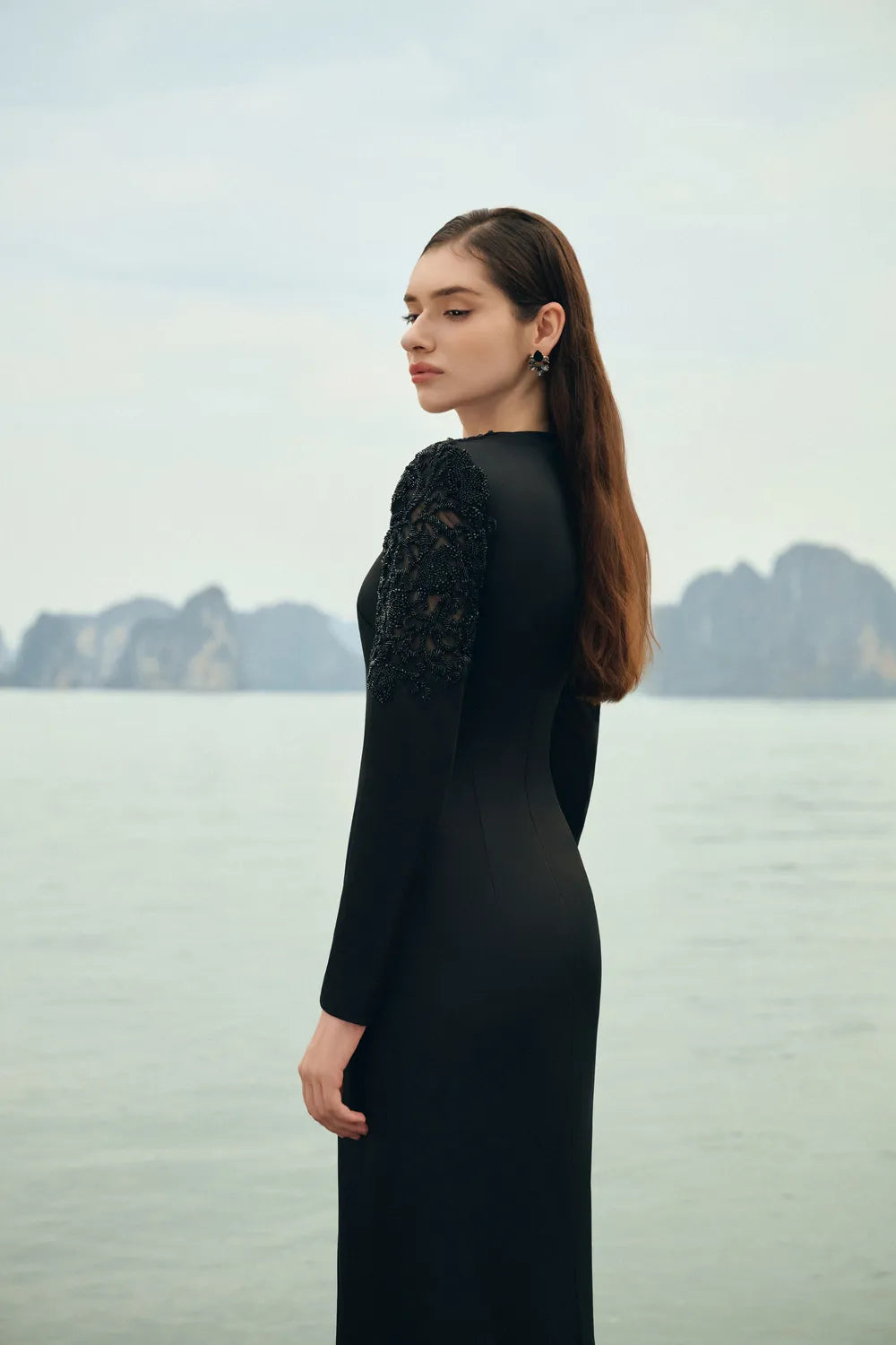 Stylized Bead-Embellished V-Neck Dress