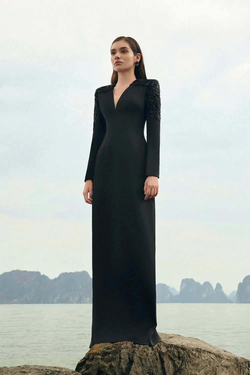 Stylized Bead-Embellished V-Neck Dress