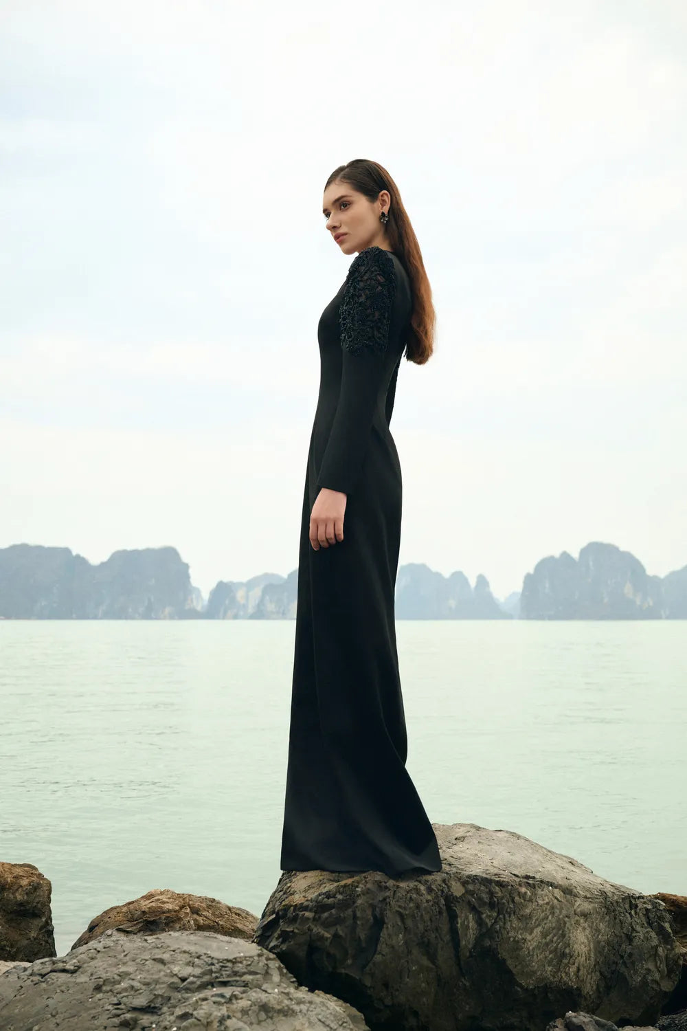 Stylized Bead-Embellished V-Neck Dress