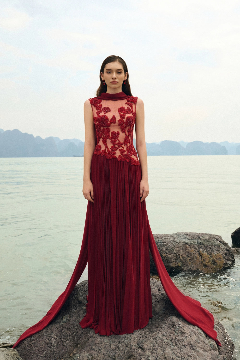 Sleeveless Garden Crystal-Embellished Pleated Dress