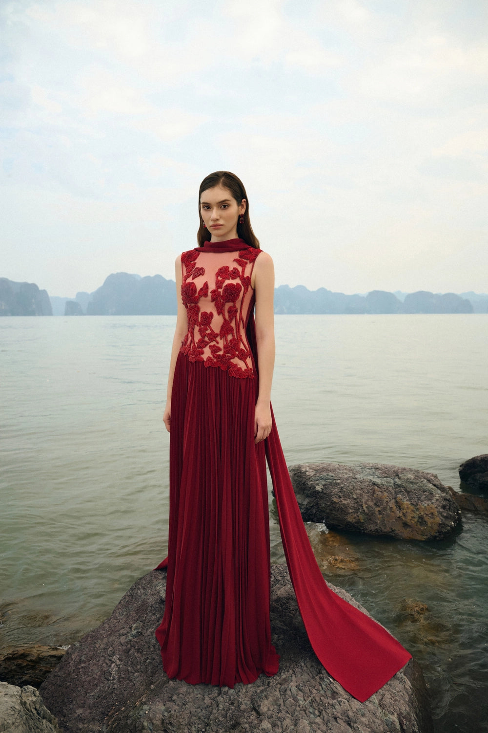 Sleeveless Garden Crystal-Embellished Pleated Dress