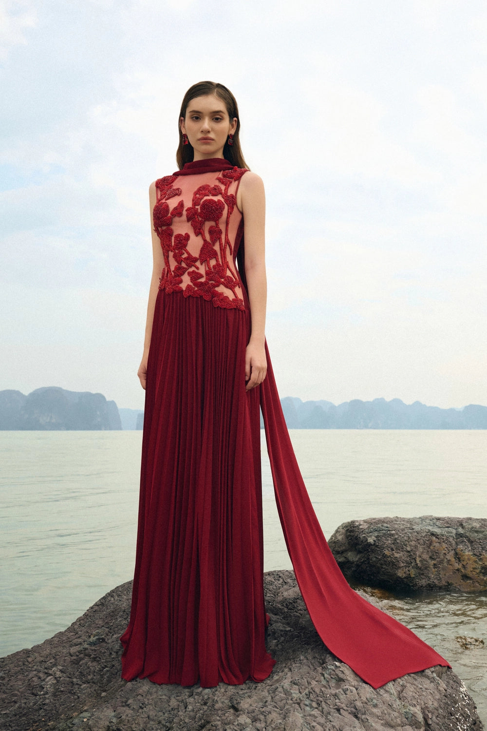 Sleeveless Garden Crystal-Embellished Pleated Dress