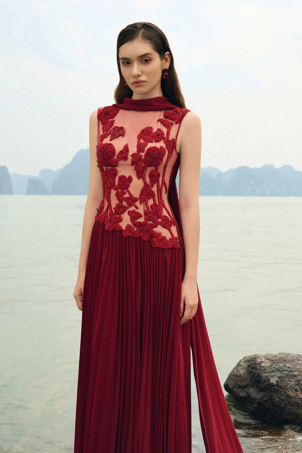 Sleeveless Garden Crystal-Embellished Pleated Dress