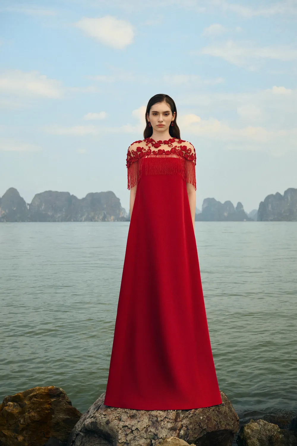 Fringed Short Cape With Wide A-line Dress