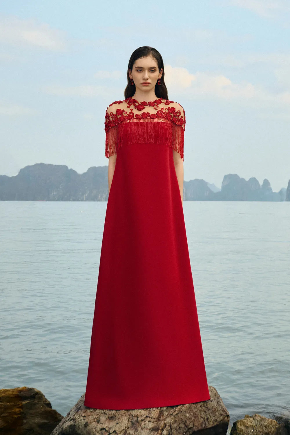 Fringed Short Cape With Wide A-line Dress