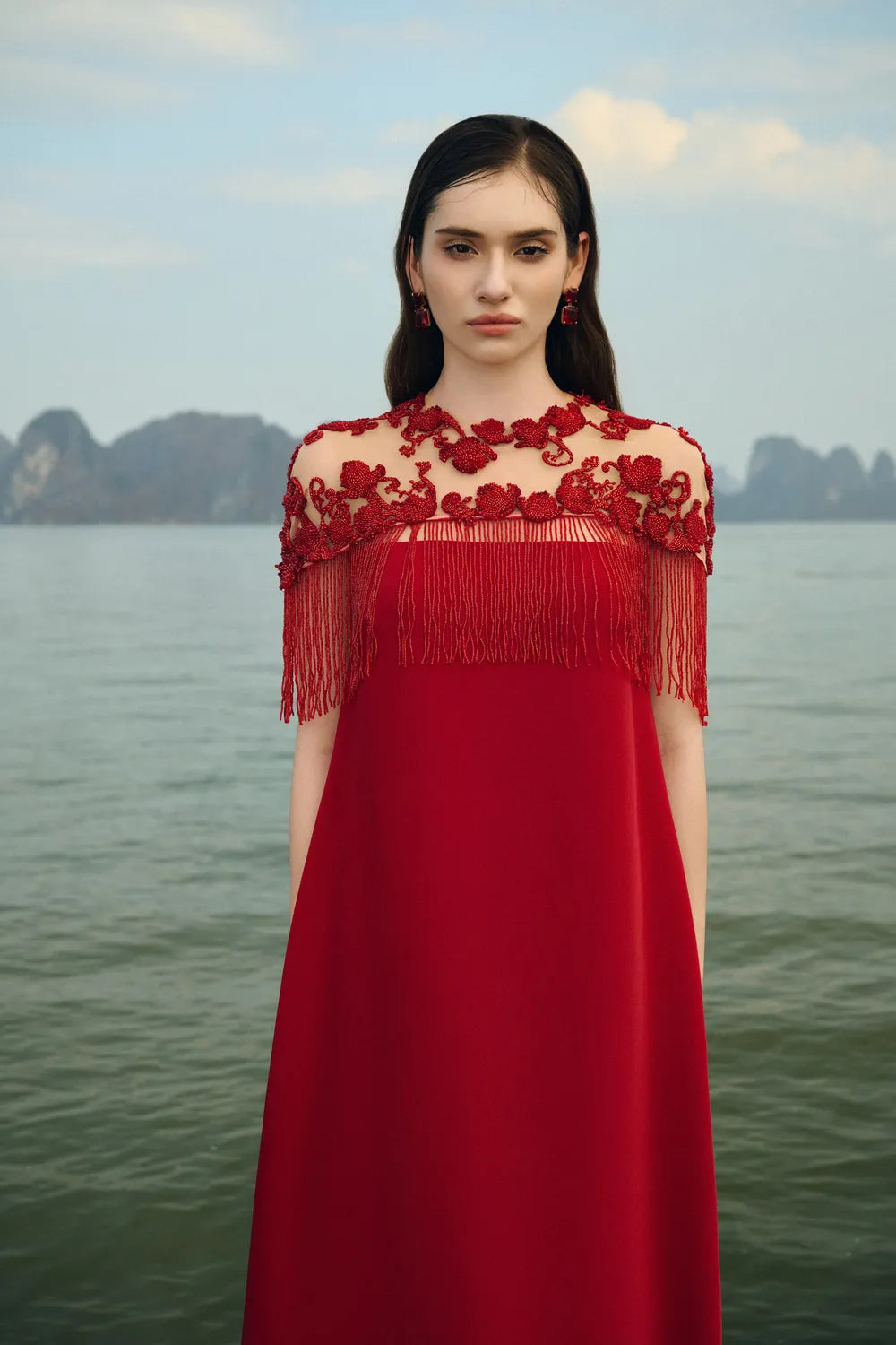 Fringed Short Cape With Wide A-line Dress