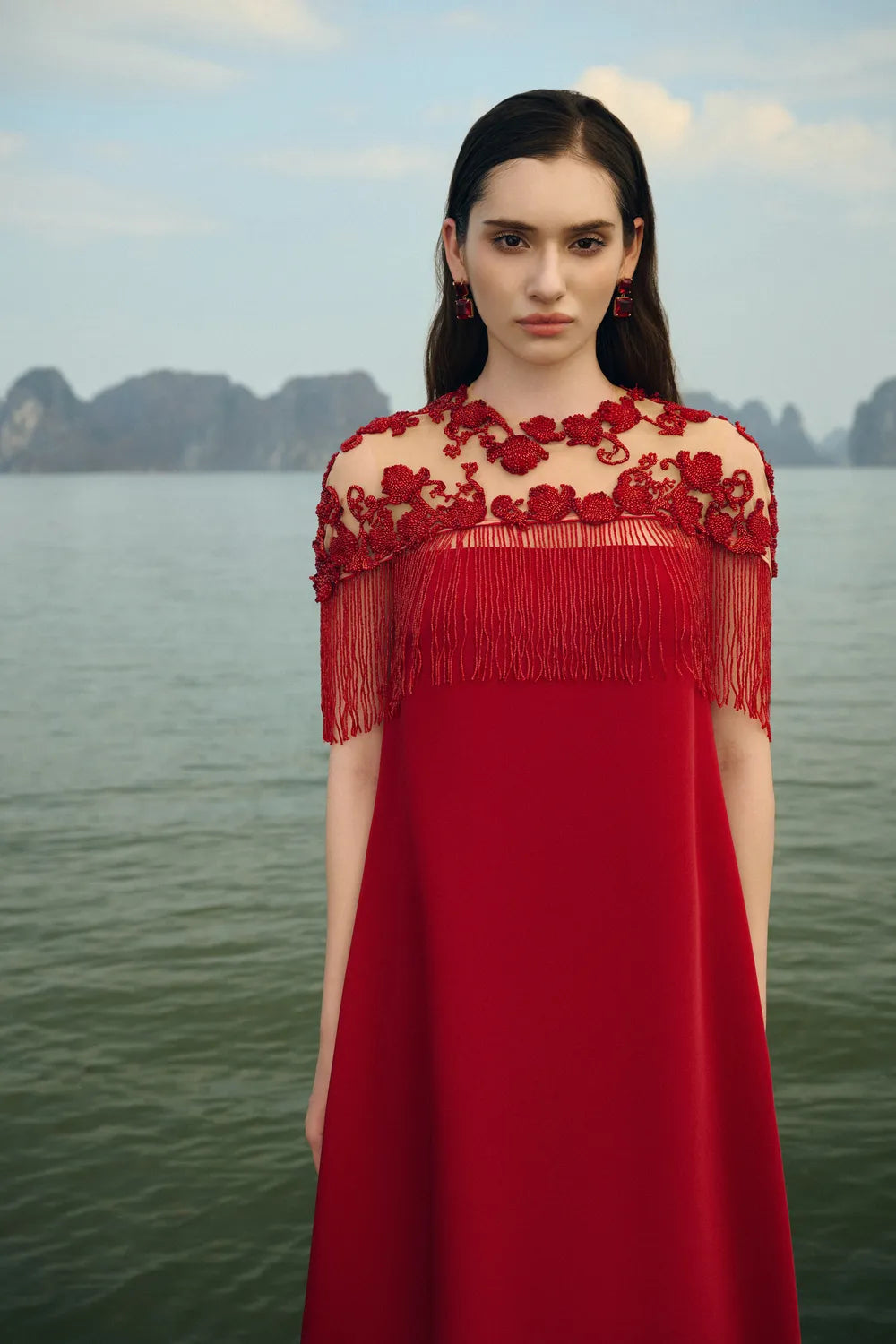 Fringed Short Cape With Wide A-line Dress