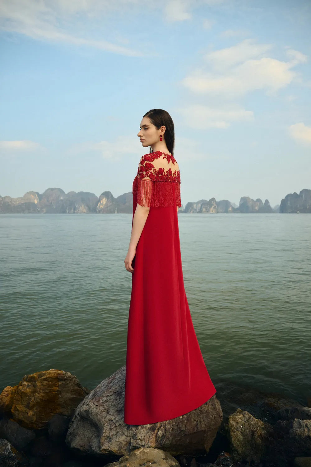 Fringed Short Cape With Wide A-line Dress