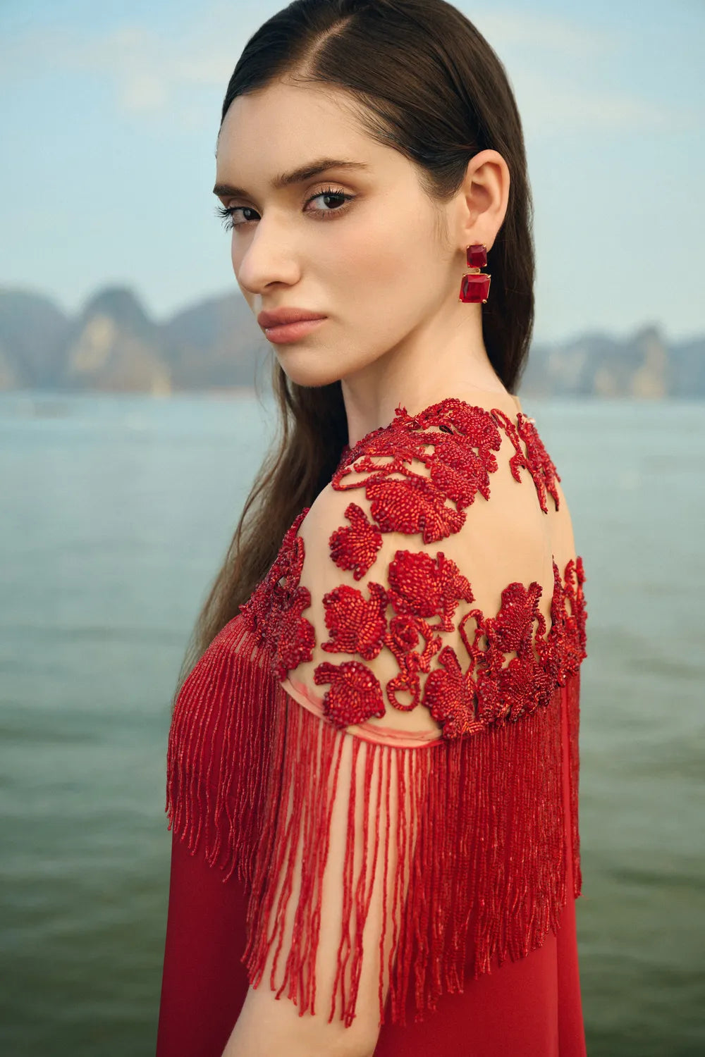 Fringed Short Cape With Wide A-line Dress