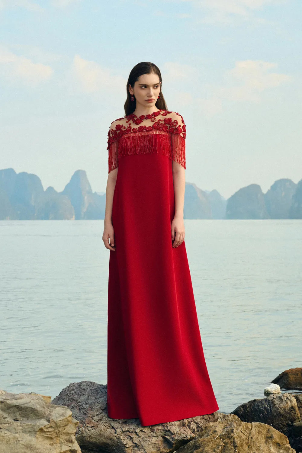 Fringed Short Cape With Wide A-line Dress