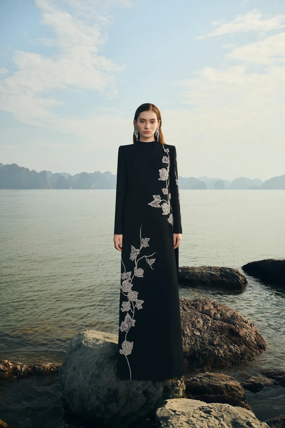 High Neck Symmetric Crystal Embellished Dress