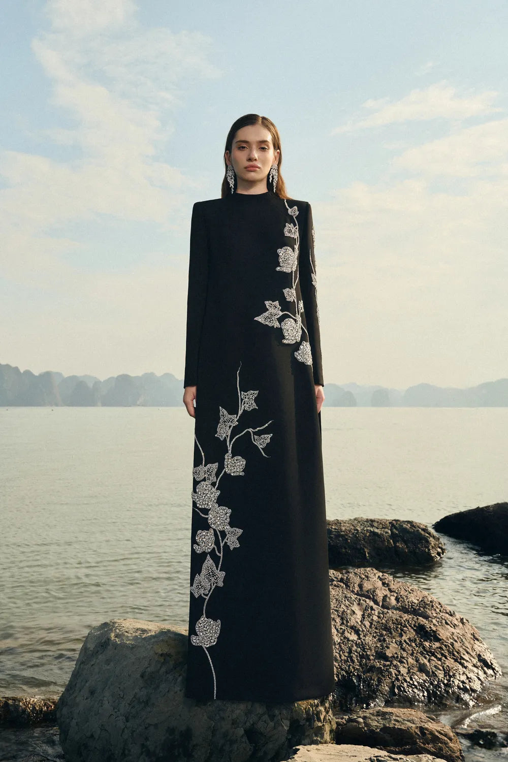 High Neck Symmetric Crystal Embellished Dress